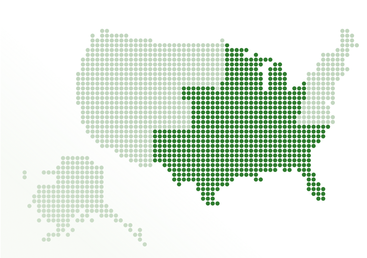 Map of the United States created by small green dots. States in the central and southeast part of the United States are shaded in a darker green.